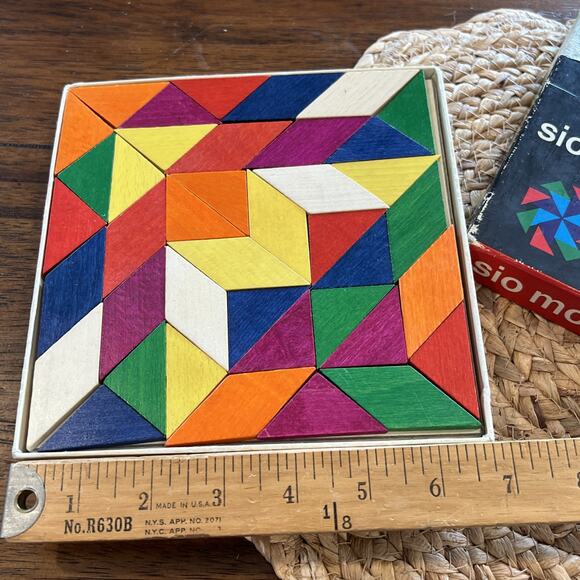 Vintage Wooden Sio Mosaic Puzzle Pieces & Box Creative Imagination Building - Picture 1 of 9
